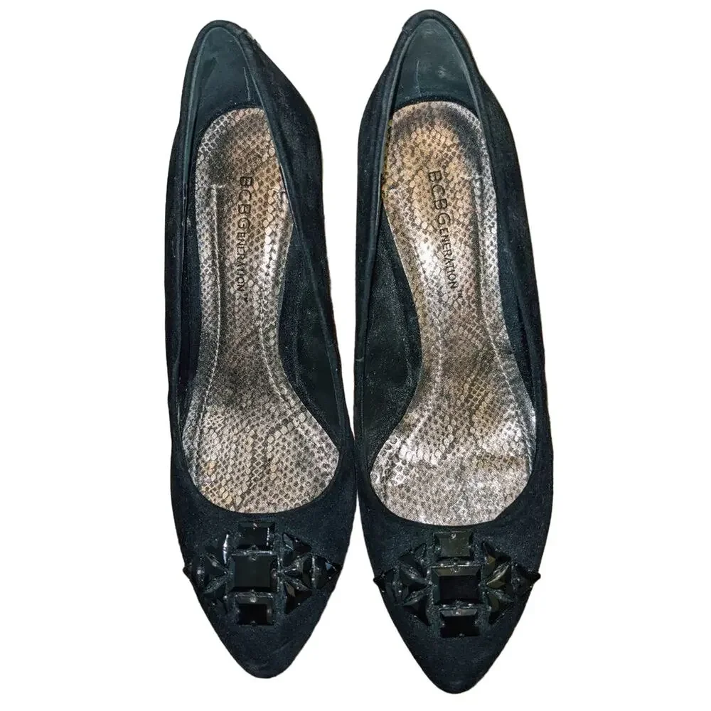 BCBGENERATION Jewel Embellished Wedge Velvet Pumps EUC